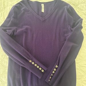 Purple sweater with gold buttons